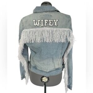 Ashley Vintage Charm Wifey Sequin Fringe Denim Jacket Light Wash Blue Large NEW